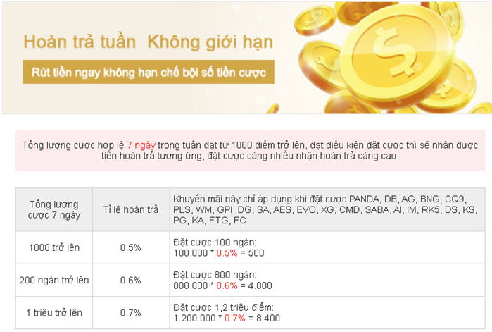 đặt cược càng nhiều nhận hoàn trả càng cao.