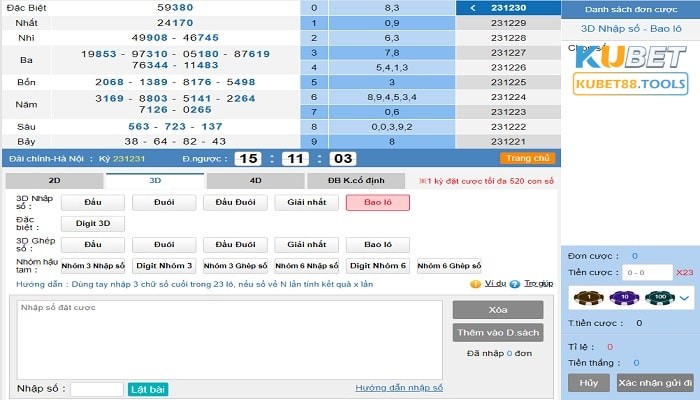 Chọn 3D Bao Lô, nhập số và nhập tiền cược.